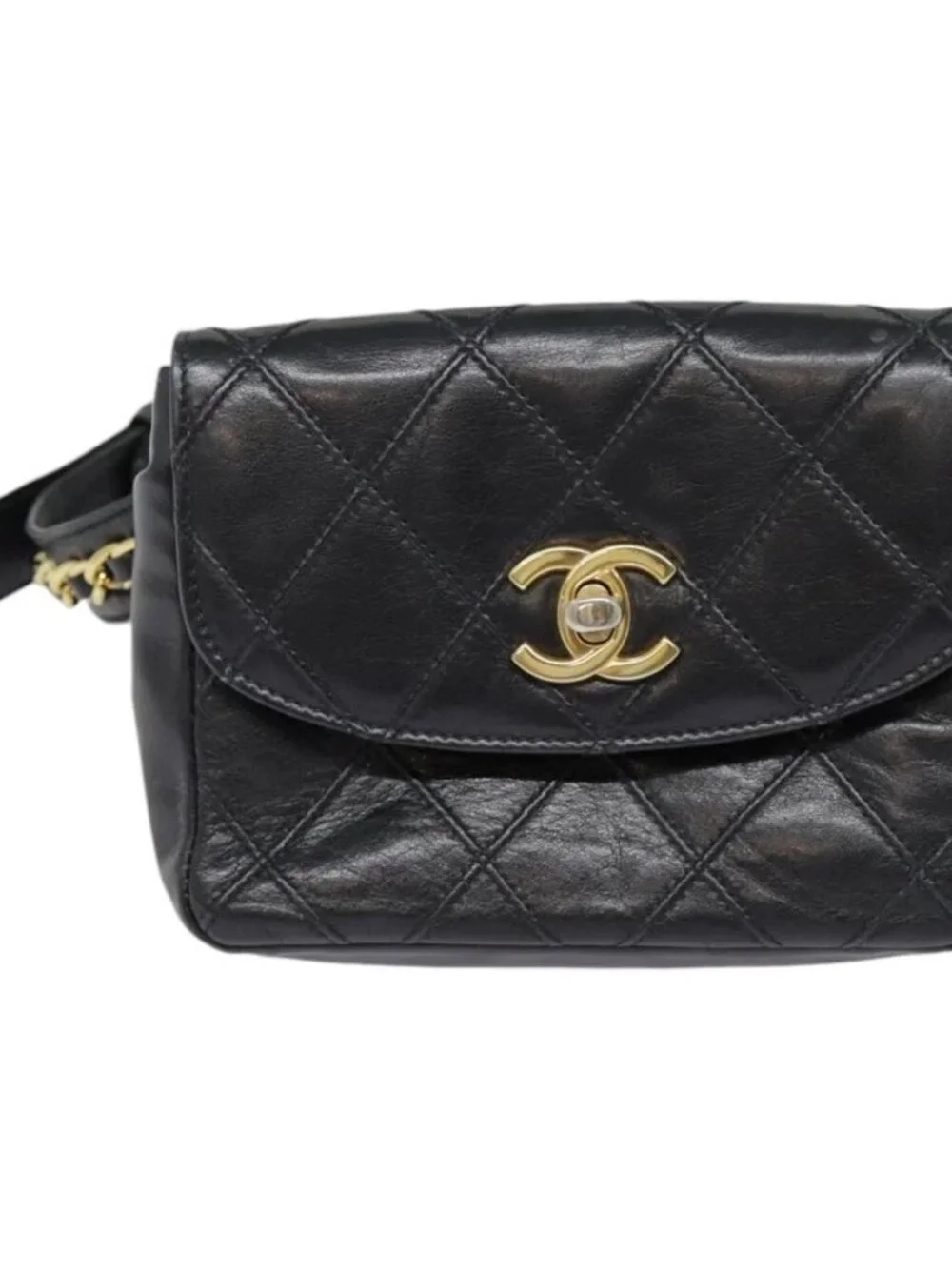 CHANEL Bicolore Turn Lock Chain Waist bag Leather Black Gold CC Auth yk14627
